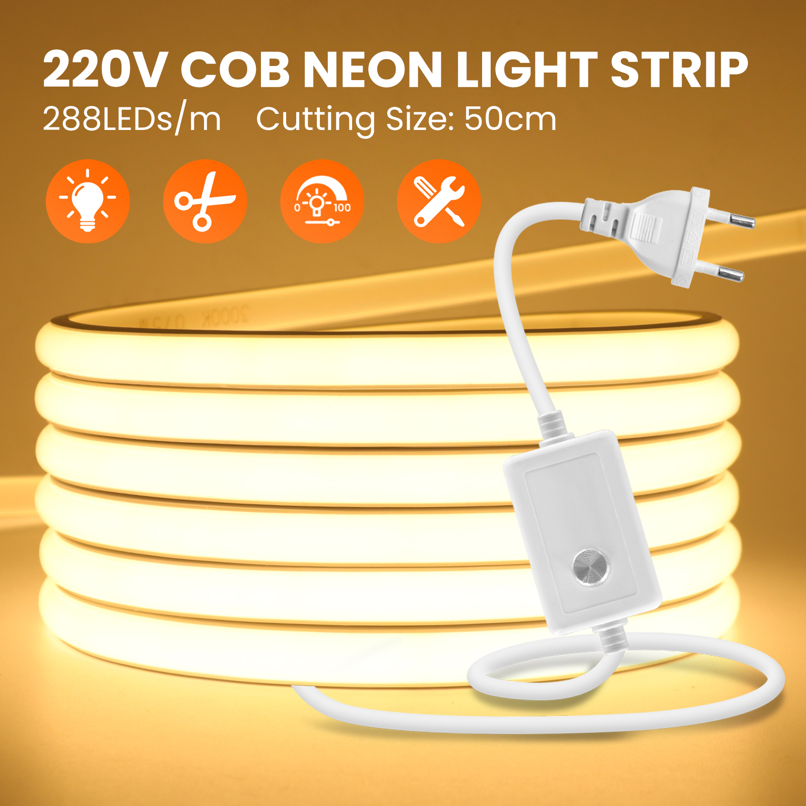 Decor Lighting Uk - COB LED Strip 220V Dimmable EU